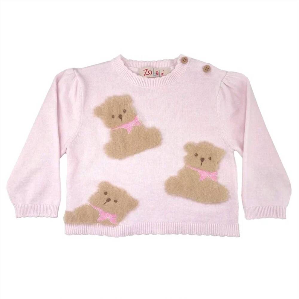 NEW ZUBELS girl's fuzzy bear sweater in light pink